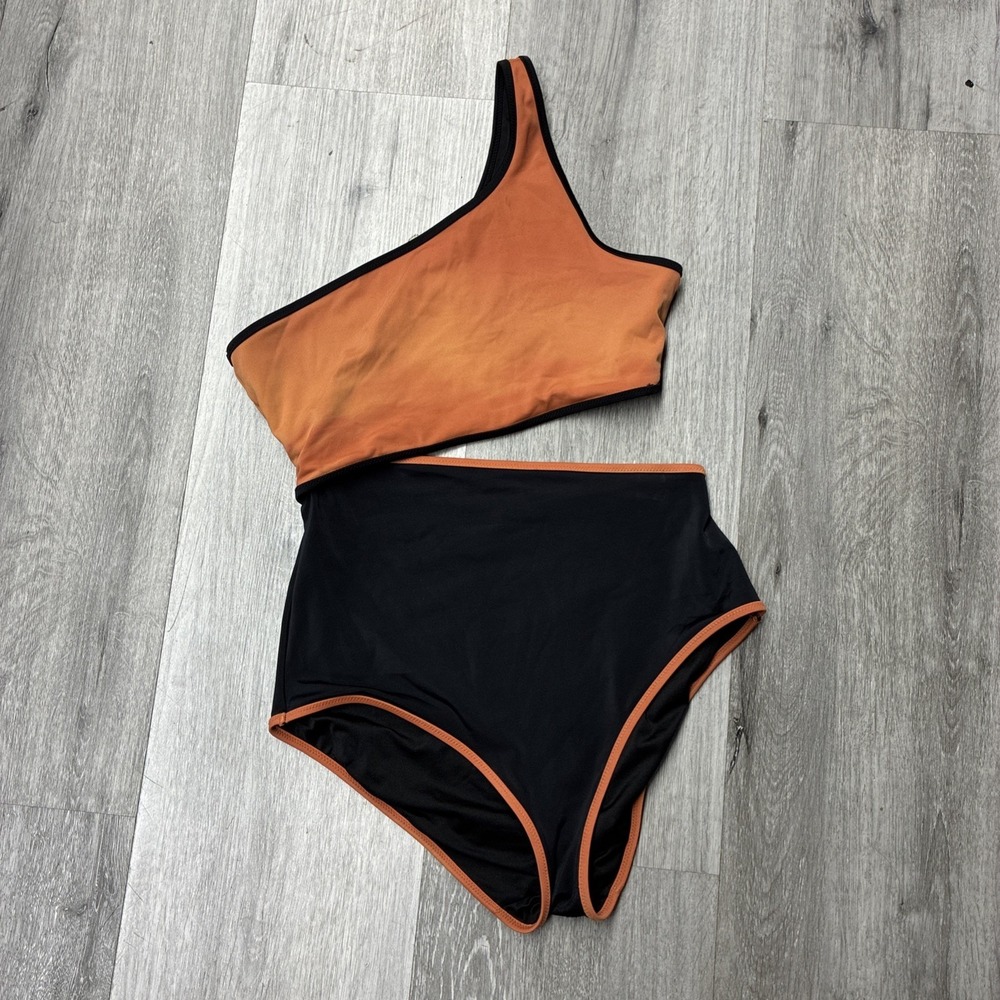 Victorias Secret Black Orange Medium One Shoulder Cutout One Piece Swimsuit